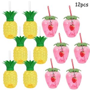 Disposable Cups Straws 12pcs/set Summer Party Pineapple Strawberry Cup with Straw Tropical Wedding Flamingo Luau Birthday Party Decoration Drinking Cup 231109