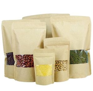 Brown Kraft Paper Bags Clear Window Zipper Retail Mylar Stand Up Pouch Package For Cookies Snack Candy Coffee Bean Powder Food Nuts TEA SEEDS GENTER