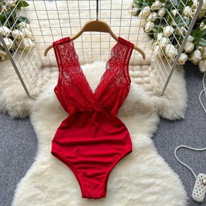 NXY Dantel Sırtsız Bodysuit Kadınlar Bandaj Gövdeleri Seksi kolsuz Bodycon Şeffaf Lingerie Feet Bodysuits Top 230328