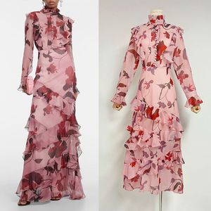 Printed Spring/summer Women's Pleated Lace Standing Collar Micro Flare Long Sleeve Waist Ruffle Edge Decorative Dress