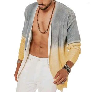 Casacos Masculinos Casual Solto Fit Casaco Gradiente Contraste Cor Longa Jaqueta Cardigan Elegante Single-breasted Malha Waffle Textura Para O Outono