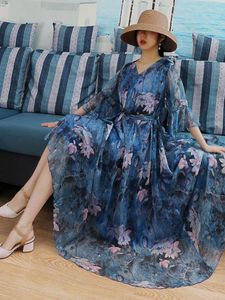 Abiti casual Vintage Pittura Fiori Stampa Abito da sera lungo in chiffon Cintura elegante da donna in vita Una linea Abiti Plus Size Matrimonio sulla spiaggia