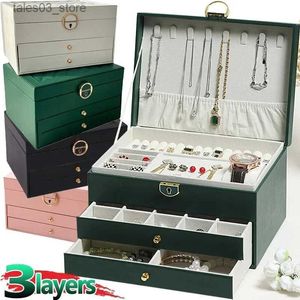 Caixas de jóias de couro de luxo caixa de armazenamento de jóias de três camadas com bloqueio de gaveta veludo display palete mulheres brincos colares armário de exibição q231109
