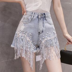 Kvinnors jeans sommar 2023 koreansk version stil hög midja damer elegant tofs denim shorts kvinnor mode trend jean byxor