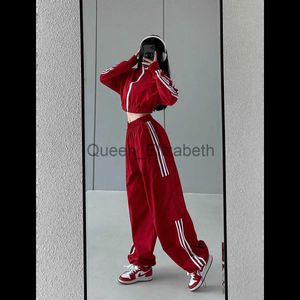 Women's Two Piece Pants 2 Piece Women Clothes Striped Tracksuit Pant Sets Korean Harajuku Fashion Casual Loose Red Joggers Sports Coats Trousers Sets J231109