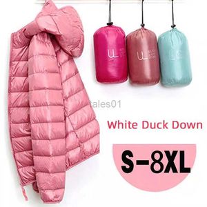 Mulheres Down Parkas Ultra Light Winter White Duck Down Jacket Mulheres Leve Acolchoado Jaqueta Feminina Slim 6XL 7XL 8XL Qualidade Meninas Hood Coat 2023 zln231109