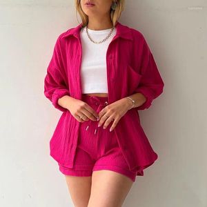 Shorts feminino manga comprida conjunto casual de duas peças cintura alta com cordão plissado lapela camisa