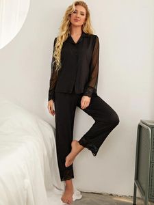 Women's Sleepwear Transparent Satin Women Lace Long Sleeve Sexy Pajamas Sets Tops With Pants Loose Hollow Design Casual Home Suit