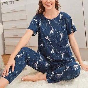 Kvinnors sömnkläder Kvinnor Pyjama Set Soft Comfy PJ Set Short SLE TOPS och långa byxor Pyjama Dark Blue Cute Dolphin Print Sleepwear With Eye Maskl231109