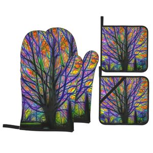 Oven Mitts Colourful Tree Baking Gloves Insulation Mat Microwave Oven Mitt Heat Resistant Cooking Pot Holders Kitchen Accessories 231109