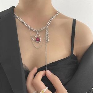 Choker koreansk version Heart Multilayer Chain Tassel Ruby CollarBone For Women Sweet Cool Hiphop Light Luxury Accessories 2023