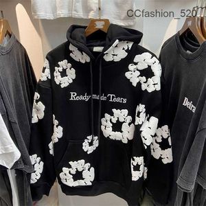 Denim Readymade Foam Flower Branded Tears Women Puff Pullover Cap Embroidery White Kapok Tidal Sweatshirts Designer Mens Hoodie Hoodies For Men QUZU