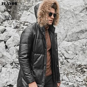 Men's Jackets FLAVOR Real Leather Down Coat Men Genuine Lambskin Winter Warm White Duck Jacket with Raccoon fur Hood 231108