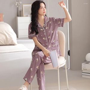 Kvinnors sömnkläder Elegant Flower Pyjama Set Summer Lapel Tryckt Modal Cotton Sweet Pyjamas For Ladies Big Yards Cardigan Casual Tracksuit