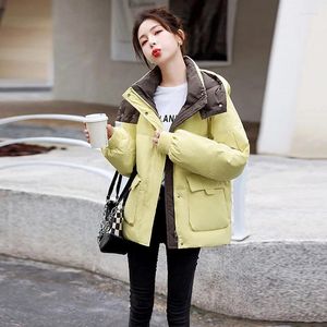 Trench da donna Piumino invernale spesso caldo da donna Tasca grande Manica lunga con cappuccio Parka Piumino coreano in cotone con cerniera Giallo Nero