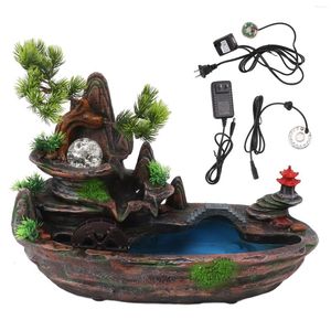 Flores decorativas Fonte de água interna Ornamento Mesa Cachoeira de montanha 100V a 240V US Plug LED Light Rolling Ball com atomizador para