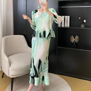 Work Dresses Printed Pleated Fashion Suit Women's Fall 2023 Loose Long-sleeved Blouse Commuter Half Skirt Two-piece Temperament