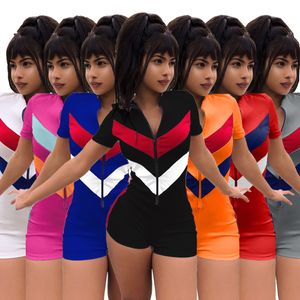 Jumpsuits femininos sexy zipper playsuit manga curta cor retalhos cor shorts romperer casual preto azul macacão branco romper