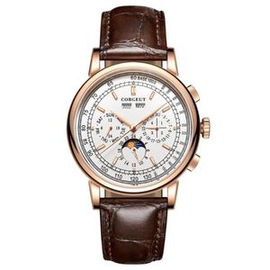 Wristwatches 42mm Men's Automatic Watch White Dial Gold Case Moon Phase Calendar Multifunction Leather Strap Mechanical Male261d