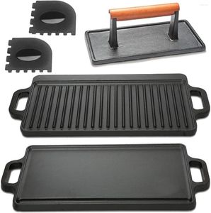 Tools Iron Stove Top Griddle Set & Accessories Grill Pan Includes Reversible Cast Press Gri