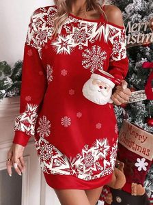 Casual Dresses Womens 2023 Spring Fashion Snowflake Print Diagonal Collar Long Sleeve Daily Mini Christmas Dress Woman Clothing