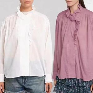 Женские блузки, женская белая розовая рубашка с длинным рукавом, прозрачный воротник с рюшами, женская, весна-осень 2023, однобортная тонкая модная блузка