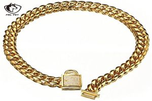 FML PET Krage Rostfritt stål Dog Gold Plated Curb Cuban Chain Training Walking Halsband för små stora S Y2005152807947