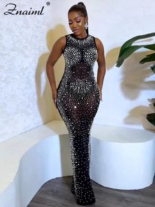 Casual Dresses Znaiml Luxury Sparkly Crystal Rhinestone Christmas Evening Bodycon Long Dress Women's Mesh See Through Birthday Night