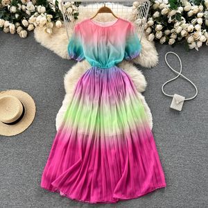 2023 Casual Dresses O Neck Puff Sleeve Pleated Slim midjeklänning Byt färgdesign Sense Robe Korean Summer Office Lady Elegant Vestidos