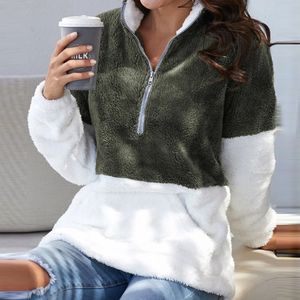 Mulheres misturas de lã mulheres jaqueta quente inverno flanela pulôver gola zíper canguru bolso contraste cor outerwear senhoras térmica anorak 231109