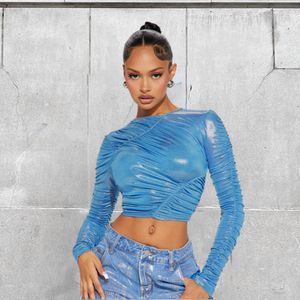 Women's T-Shirt Fall Blue Asymmetric Folds T-shirt Night Club Clothing For Women 2023 Street Long Sleeve O Neck Crop Top Fashion Ins Tees