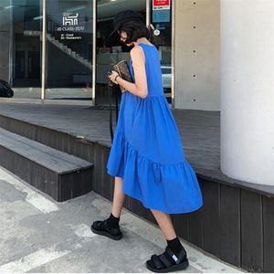 Casual Dresses Cotton Linen Women Summer Dress Sleeveless Ruffles Korean Style Vestidos Ladies Mid Calf Vestido Dresse -