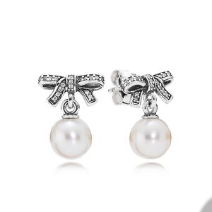 White Pearl Pendant Bow Stud Earrings for Pandora 925 Sterling Silver Wedding Party designer Earring Set For Women Girlfriend Gift earring with Original Box