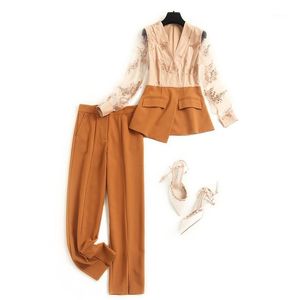 Kvinnors spårningsdräkter 2023 Fashion Autumn Women Passar Elegant Office Lady 2 Piece Outfits Lång ärm broderi Top and Pants Matching Set