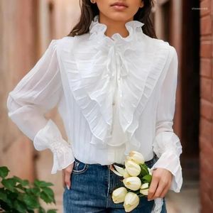 Bluzki damskie jadalny stojak na drzewo kołnierz szyfon bluzka kobiet swobodny design Biała koszulka z długim rękawem Woman Flare Ruffled Tops 29719