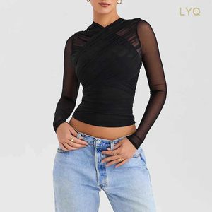 Kvinnors t-shirt Kvinnor Wrap Crop Mesh Tops 2023 Autumn Winter Long Sleeve Sexig T-shirt Back dragkedja Solid Color Slim Fit Club Party Kvinnliga kläder 33 st