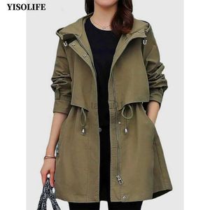 Women's Down Parkas Yisolife Women's Hooded Jacket Mid Length Jackets Full Zip Trench Coat med Drcord vid midjan Spring Autumn Outerwear ZLN231109