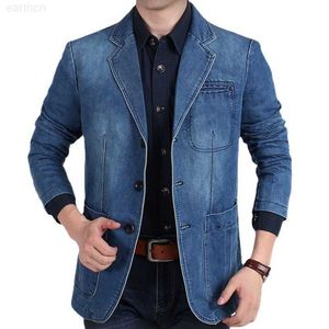 Męskie płaszcze płaszcze Blazers Kurtka Mężczyzn Casual Denim Slim Pocket Splating Płaszcz Mens Długie rękaw z pojedynczym obraconym kołnierzem Blazers Kurtka Z240606