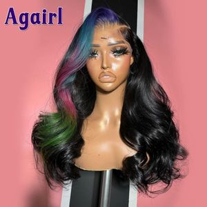 Syntetiska peruker Höjdpunkt Blue Pink Green Body Wave Lace Frontal Wig Transparent spets Front Human Hair Wigs 30 32 Inch 5x5 Spets Wig Pre Plucked 231108