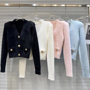 Women's Knits 2023 Autumn Winter Fluffy Knitted Sweater Short Cardiagns Elegant V-neck Metal Single-breasted Slim Long Sleeve Knit Top