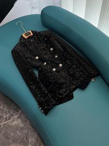 2023 Autumn Black Solid Color Stars Sequins Velour Blazers Long Sleeve Lapel Neck Double-Breasted Outwear Coats D3N021146