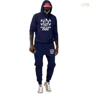 Fatos masculinos Outono Novos Conjuntos Hip Hop Cão Gráfico Impresso Plus Fleece Moda Com Capuz Homens Hoodies Moletons + Calças Sweatpants Terno Casual NJM3