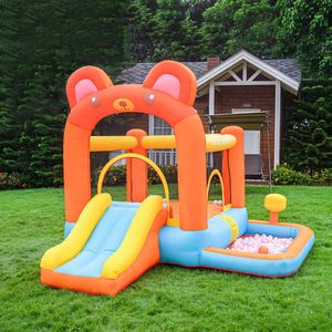 Uppblåsbar hoppning Castle Business Start Bouncer House med Ball Pit Moonwalk Slide Playhouse Bear Tema w/ Blowing Punching Bag Bouncy för barn utomhus inomhusspel