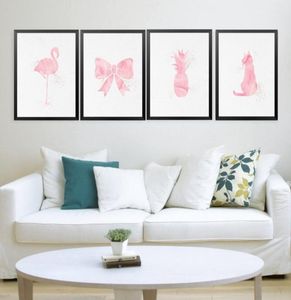 Impressão de arte nórdica aquarela estilo rosa animais pôster princesa menina arte pintura em tela decoração de parede imagens A4 com moldura de madeira3323693