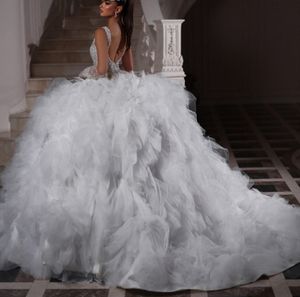 Exquisite Ball Gown Wedding Dresses Bateau Sleeveless Sequins Appliques Beaded Floor Length Ruffles 3D Lace Train Folds Bridal Gowns Plus Size Vestido de novia