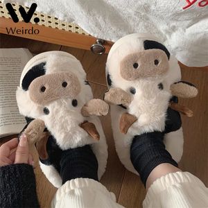 Slippers Newly updated cute animal sliders for women's Kawai fluffy winter warmth sliders for women's cartoon milk cow house sliders for fun shoes 231109