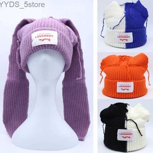 Beanie/Skull Caps Cute Long Ears fox Knitted Hat Men Women Rabbit Ear Warm Crochet Beanies Kpop Stray Kids Hip Hop Hat Woman Winter Skullies Cap YQ231108