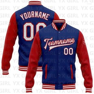 Herrenjacken Benutzerdefinierte Royal White-Red Bomber Full-Snap Varsity Letterman Zweifarbige Jacke 3D-Baseball-Knopf