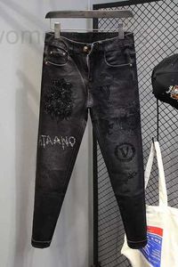 Jeans masculinos designer primavera e outono nova marca de moda para homens indústria pesada quente diamante impressão elástica ajuste versátil calças pretas hrm5