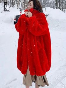 Futra kobiet sztuczne futro Winter Faux Fur Red Rex Rabbit Norek Fur Płaszcz Długa zima zagęszczona futra luźna futrzana imitacja futra Fur Płaszcz 231109